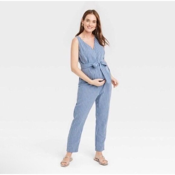The Nines By Hatch Maternity Jumpsuit Blue Linen Cotton Blend M - Picture 1 of 13